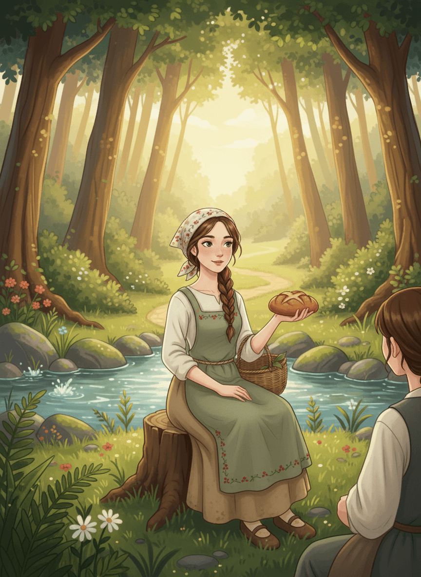 Chudá dívka v lese potkává stařenku a dostává od ní kouzelný hrneček.