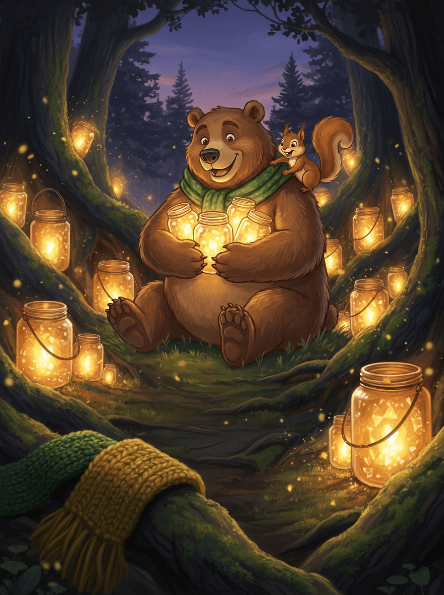 El oso Bramble con su bufanda colorida entre frascos de luz solar.