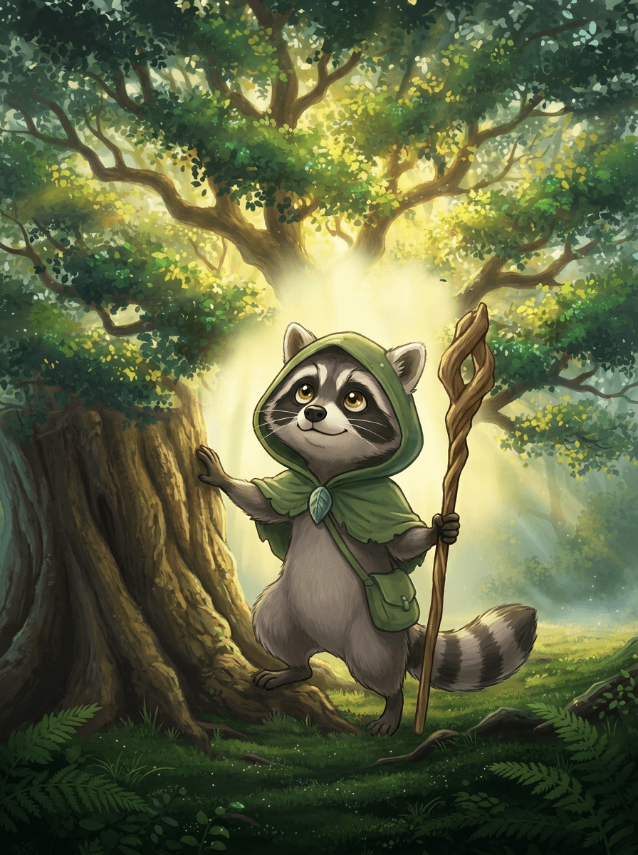 Raccoon tammisauvansa kanssa Suuren Tammen juurella taianomaisessa ja uupuneessa metsässä.