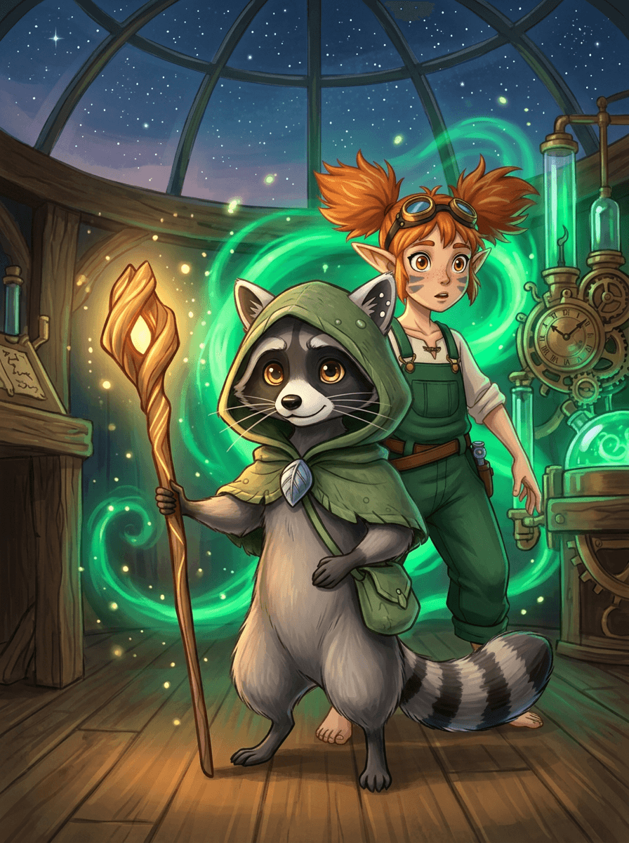 Raccoon e Spark nell'osservatorio buio illuminato da una scia verde fosforescente.