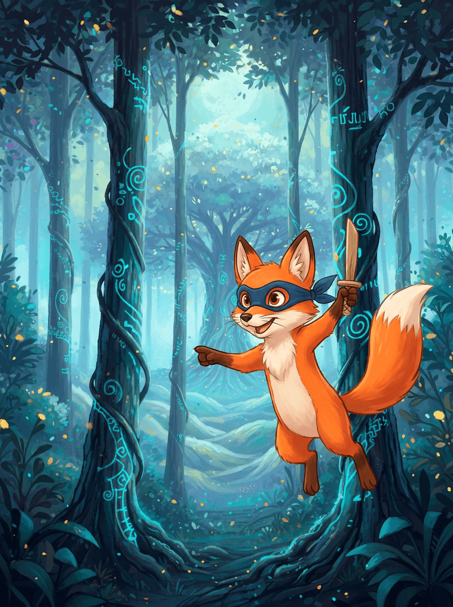 Le renard ninja Cinder et la luciole Flicker dans la forêt enchantée.