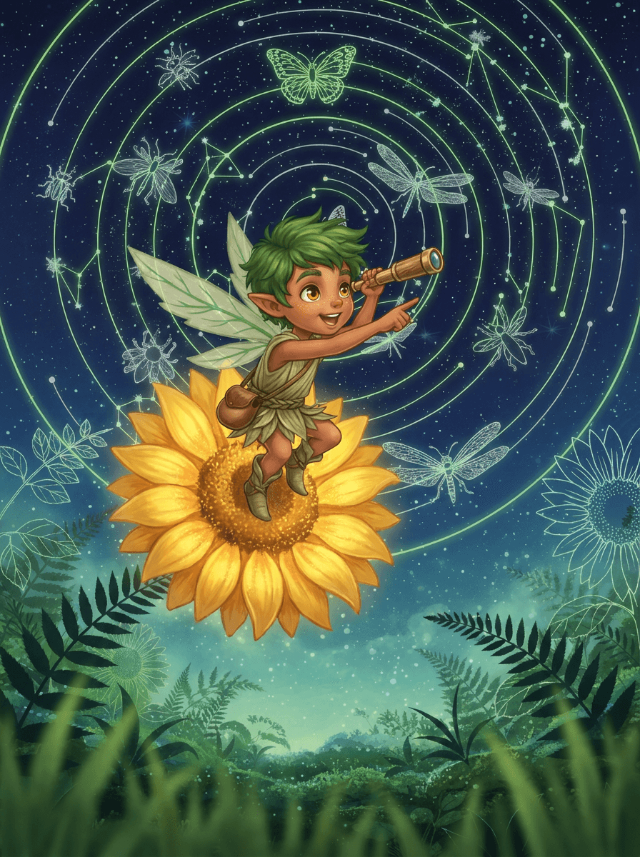 Barnaby tra lucciole brillanti e fiori notturni sotto un cielo stellato.