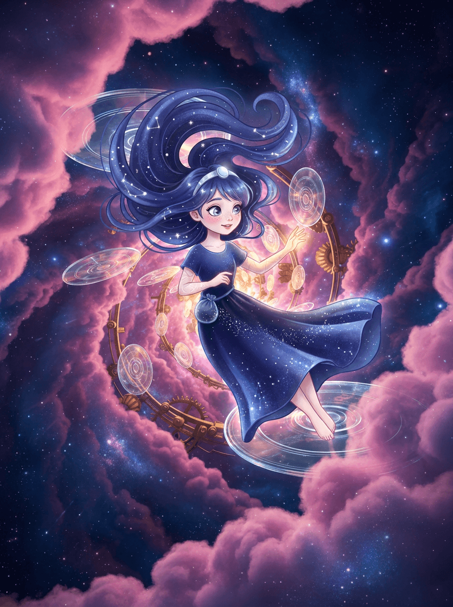 Nova with star-filled hair stands amidst glowing glass discs in space.