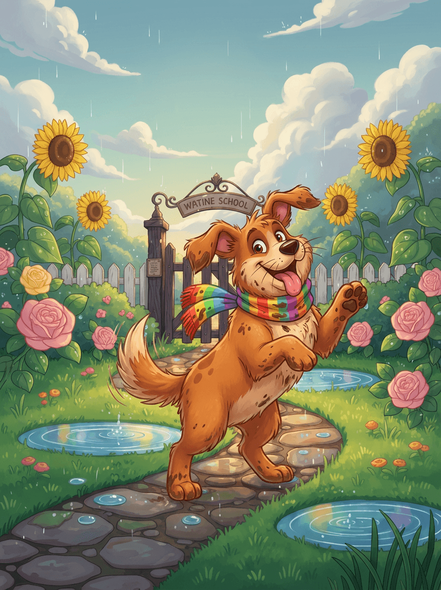 Pejsek Bafík s barevným šátkem radostně vítá školáky před budovou školy.