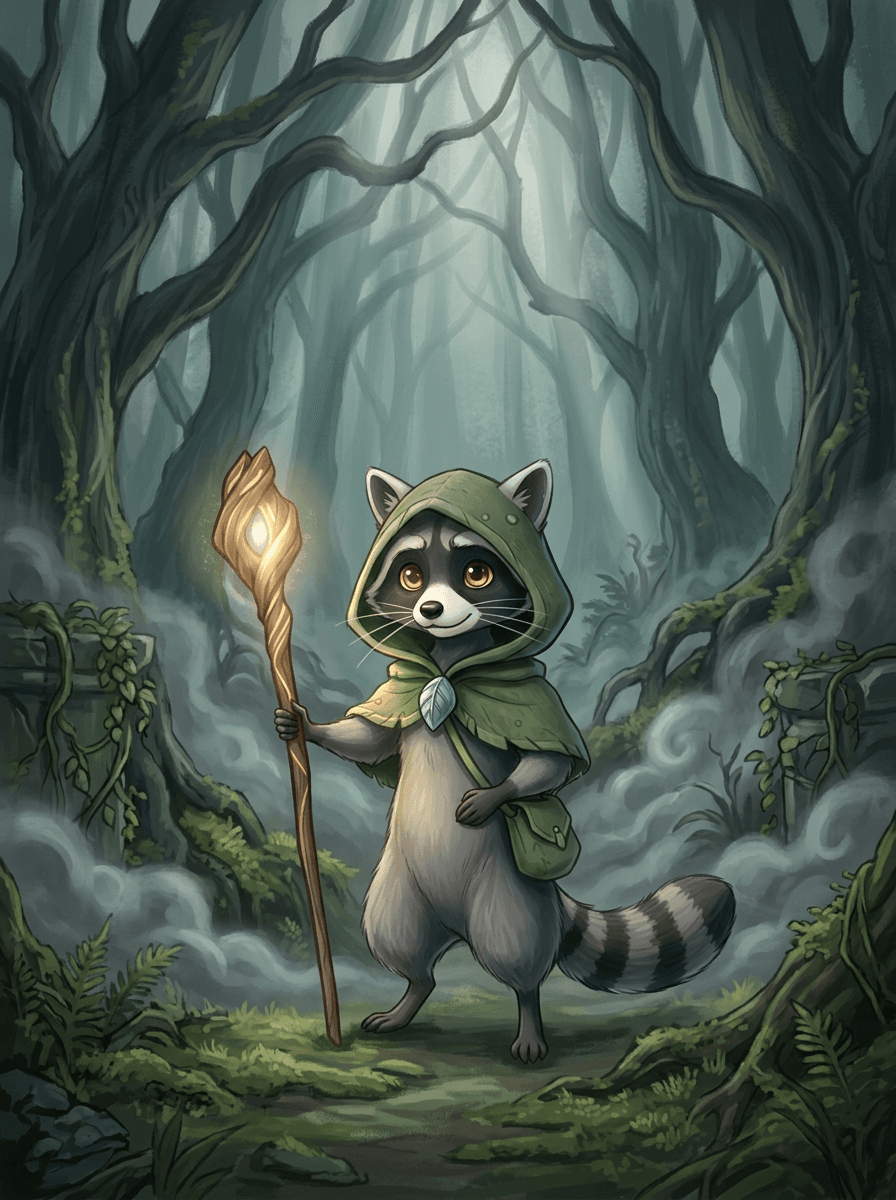 Pesukarhu Raccoon vihreässä viitassa pitelee loistavaa sauvaa sumuisessa Kuiskaavassa metsässä.