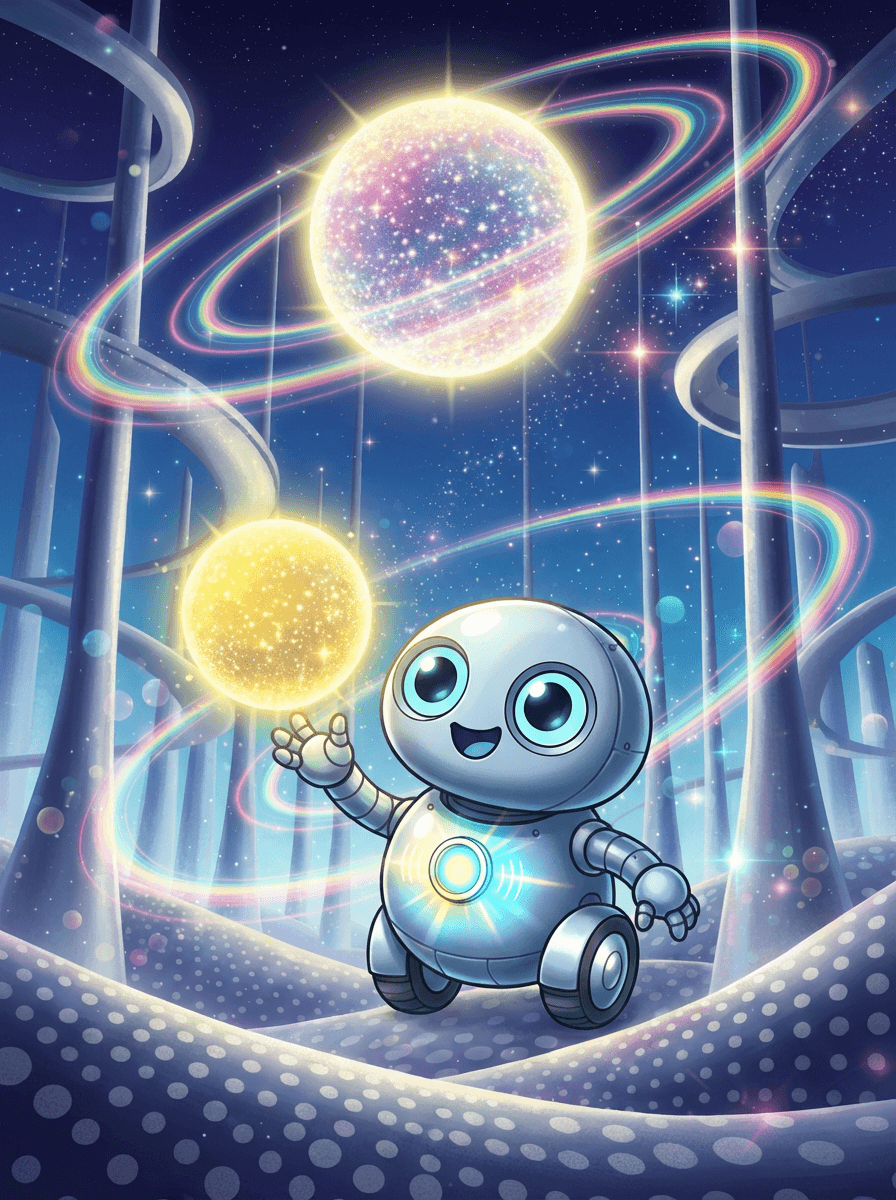 A tiny robot named Beep-Boop playing with a glowing ball on Planet Polka-Dot.