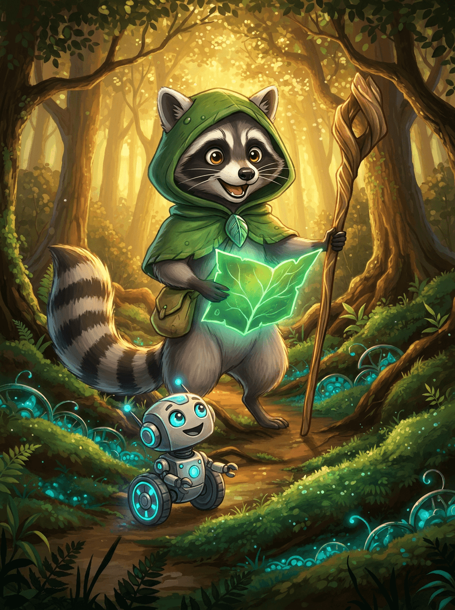 Dzielny szop Raccoon w kapturku i mały robot Sparky w lesie.