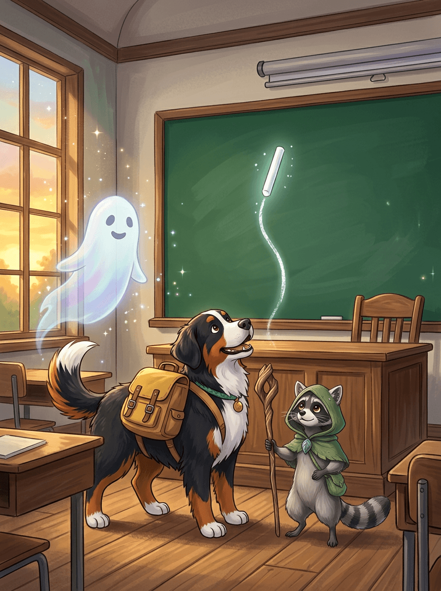 Trixi und Raccoon betrachten neugierig die magisch schwebende Kreide im Klassenzimmer.