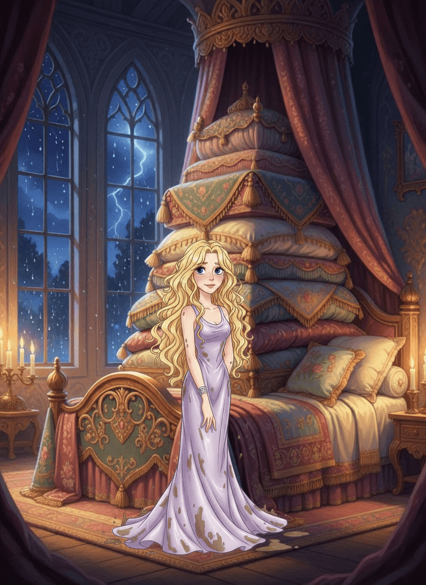 Zmáčená princezna v šatech přichází k bráně zámku během noční bouře.