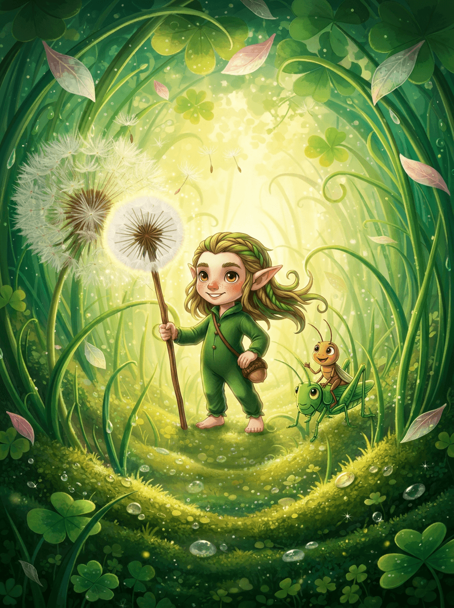 El duende Twig con su bastón de diente de león ante caballeros saltamontes.
