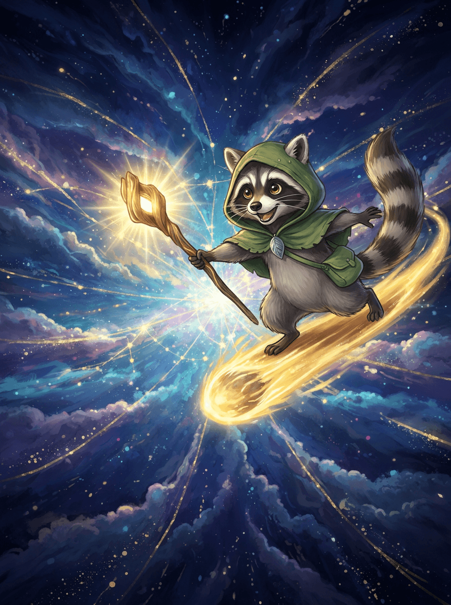 Szop Raccoon z magicznym kosturem na tle świecącej kosmicznej mgławicy.