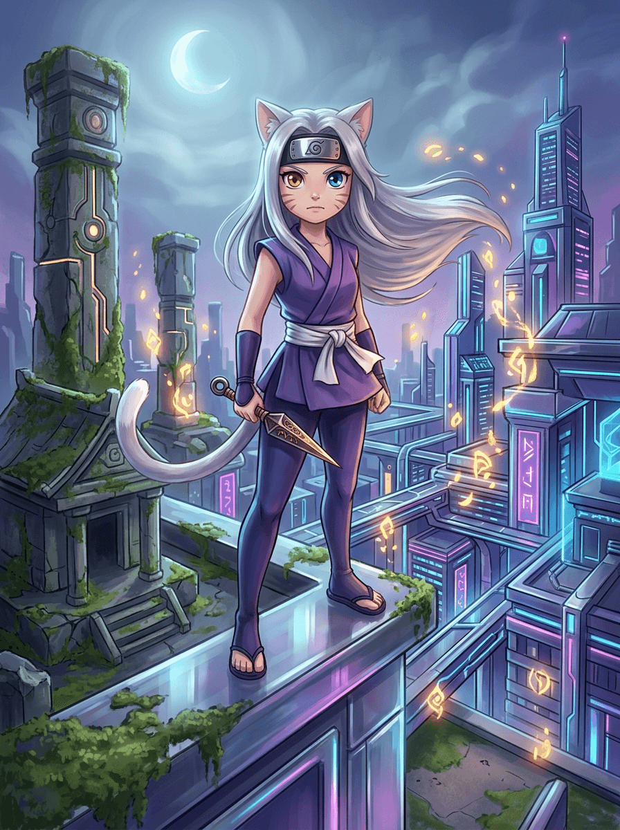 Ninja-Katze Shiki steht mutig vor den leuchtenden Neonlichtern einer futuristischen Roboterstadt.