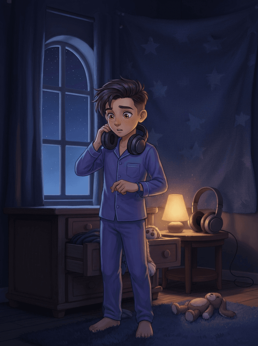 Four-year-old Echo wears magical headphones while choosing pajamas in his room.