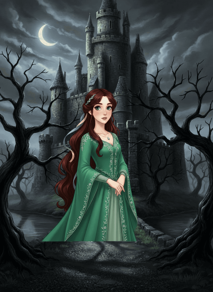 Brave Lady Mary standing cautiously before the mysterious stone gateway of Mr. Fox's castle.