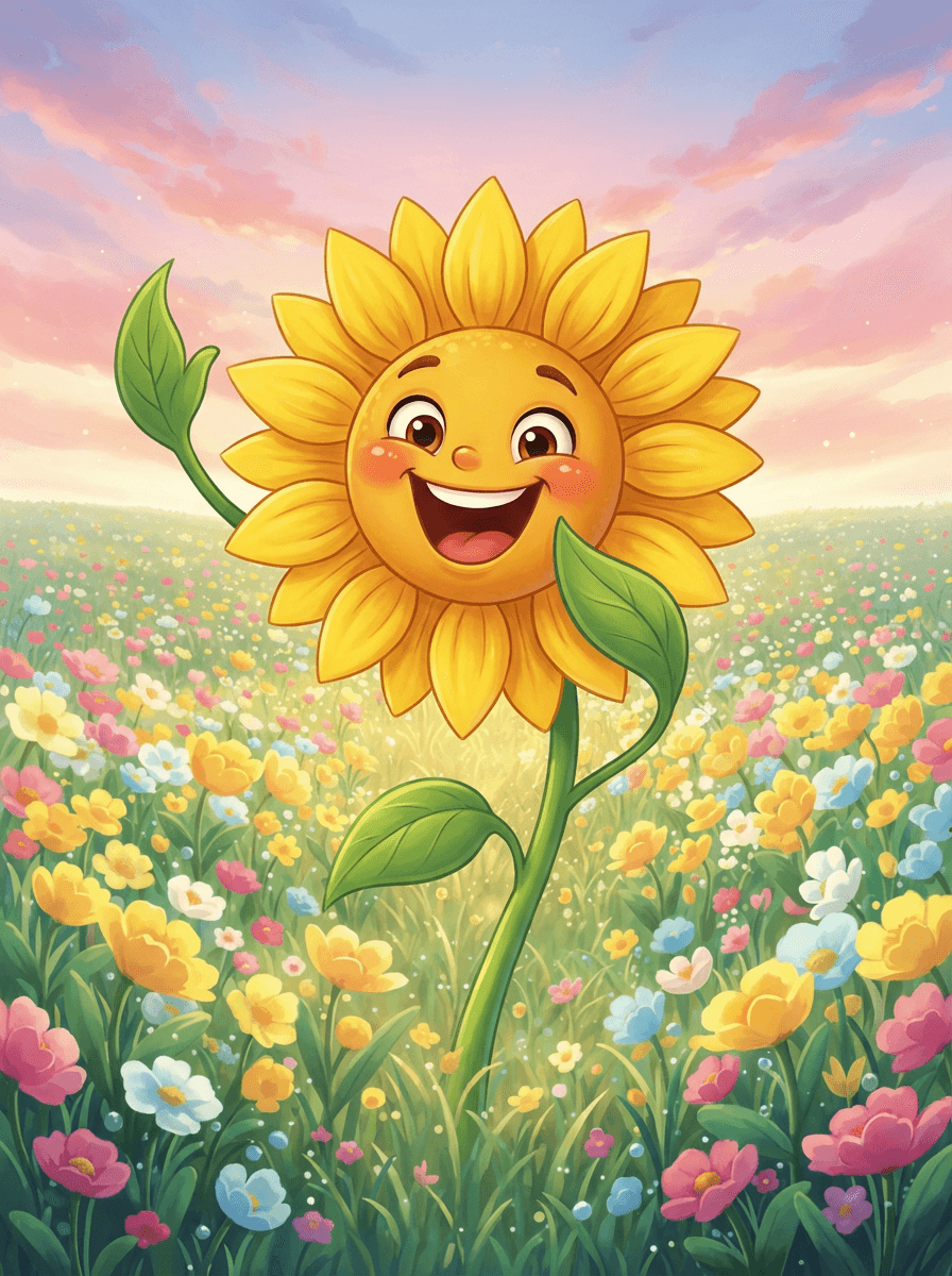 Sunny the Sunflower giggling in a meadow as vibrant flowers bloom around her.