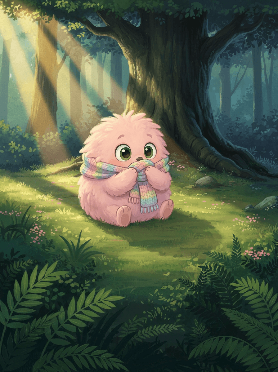 Den rosa hjälten Fluffy möter en stor skugga i den täta skogen.