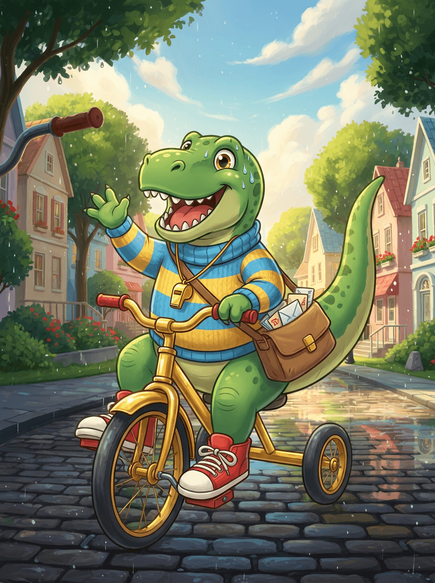 Groene dino Rex met een gestreepte trui fietst op een grote driewieler.
