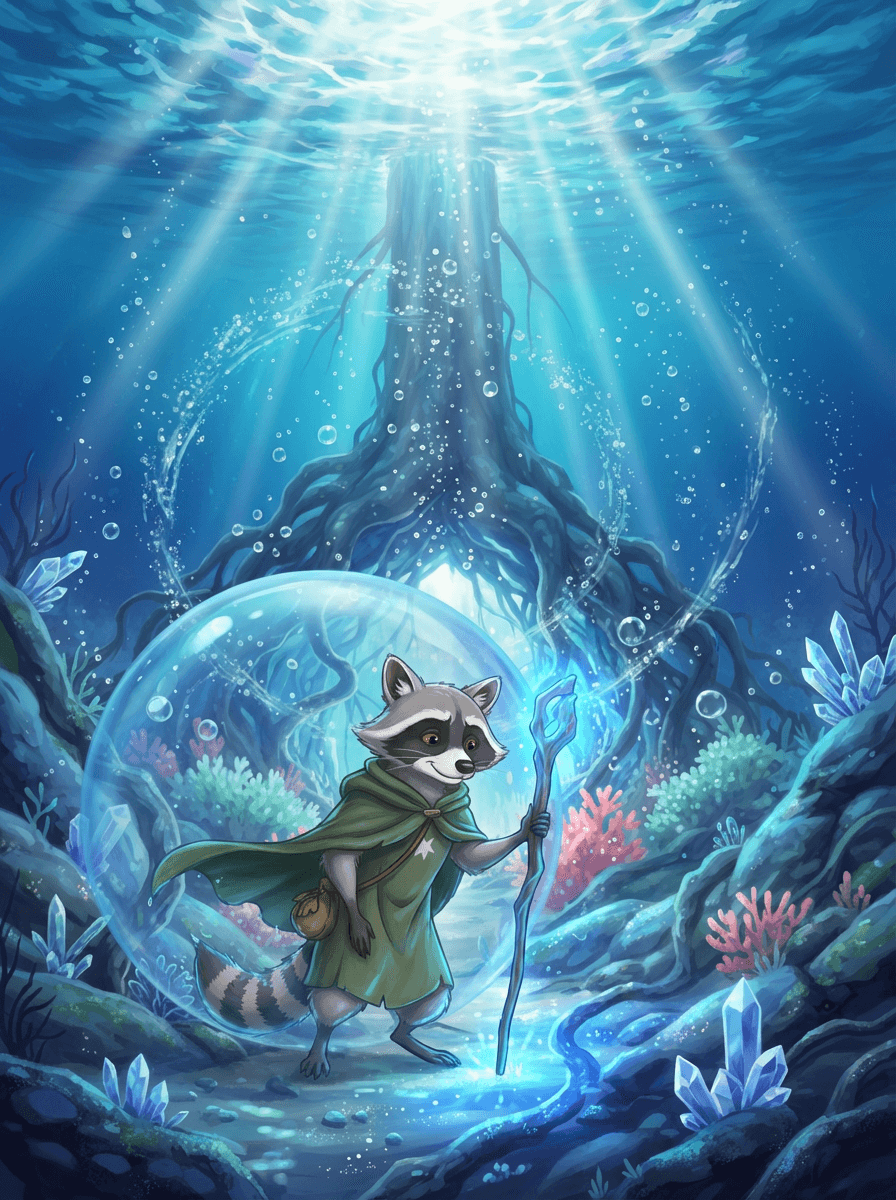 Szary szop Raccoon w pelerynie i ze świecącą laską pod wodą.