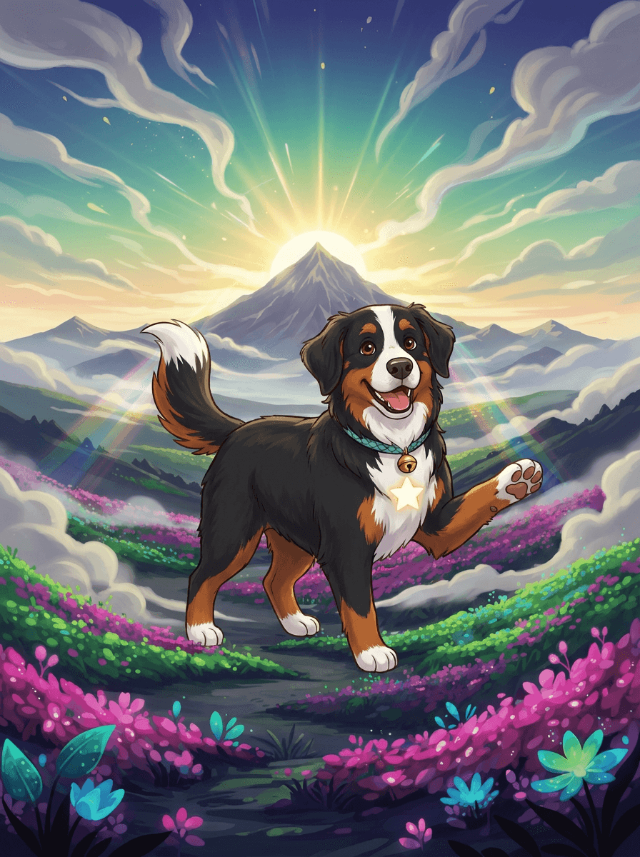 Berner Sennen hond Trixi met haar witte ster in de kleurrijke Chroma Vallei.