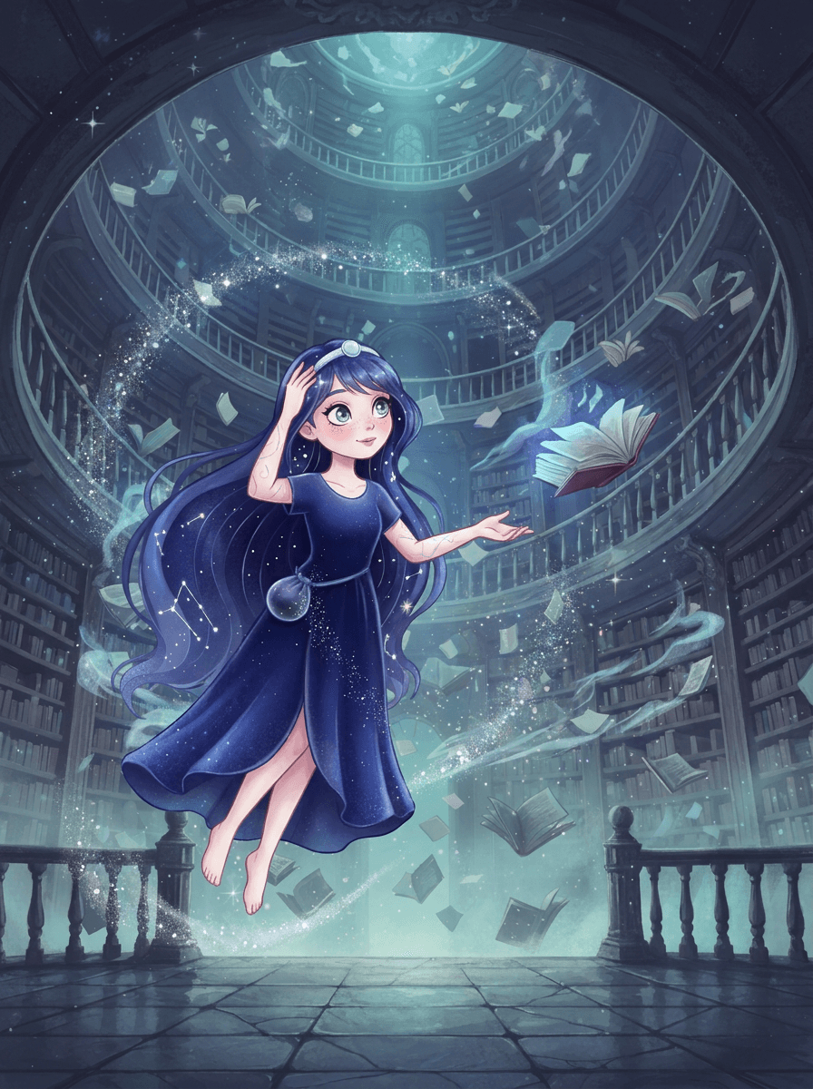 Nova aux cheveux de constellations devant la bibliothèque hantée aux livres volants.