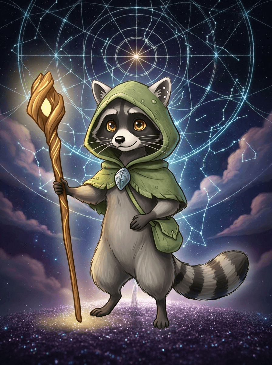 Raccoon med lysande ekstav inför en stjärnklar rymdbakgrund i tidens början.