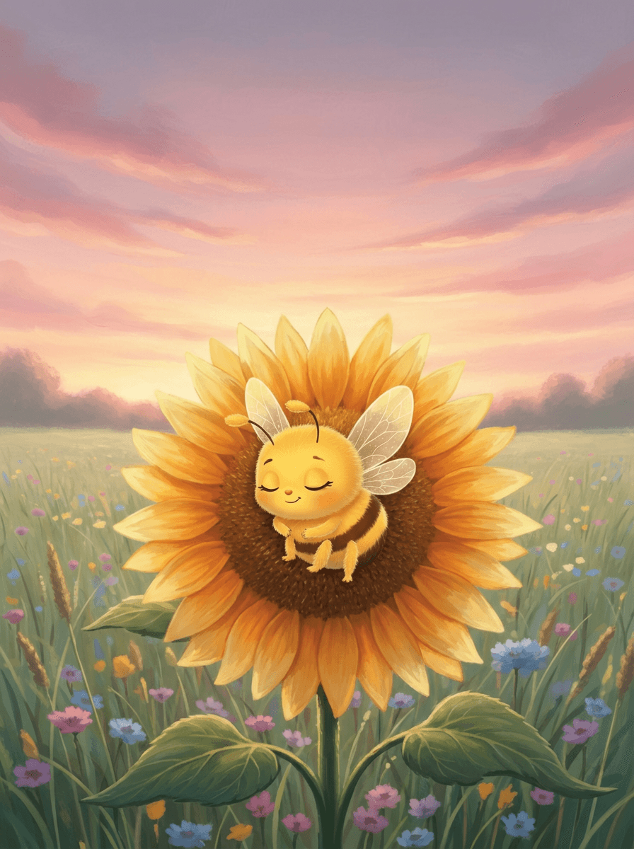 Pilná včelka Meduška odpočívá uprostřed velké zlaté slunečnice na louce.