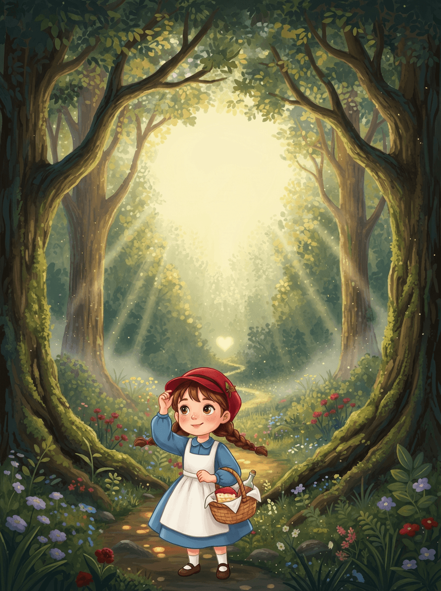Little Red-Cap wearing a red velvet hood walking through the sunny woods.