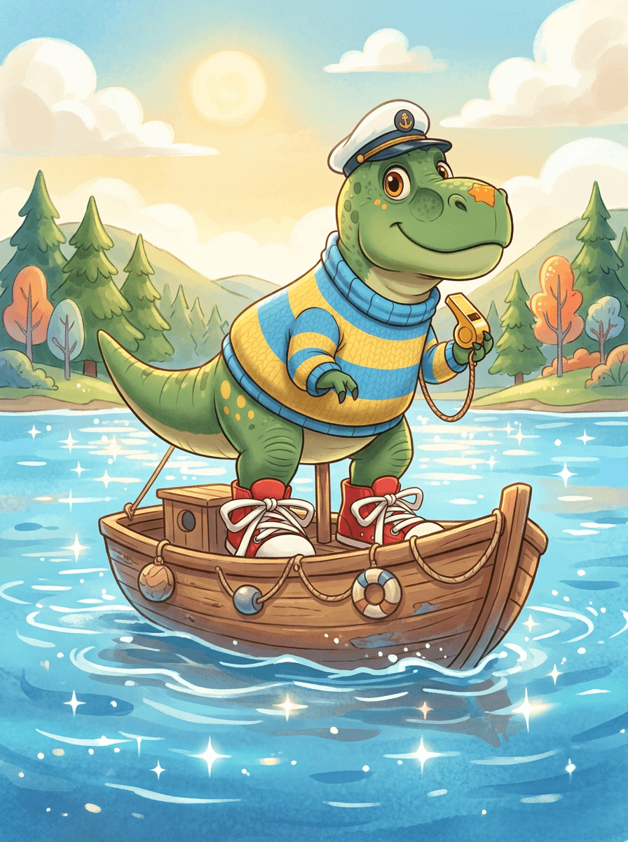 Dinosaurus Rex v červených teniskách stojí na palube farebnej lode.