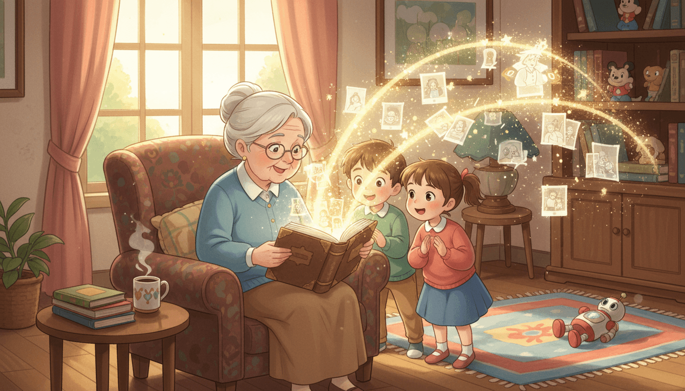 Una abuela sentada en un sillón mostrando un álbum de fotos antiguo y brillante a dos niños pequeños, creando una atmósfera mágica de legado familiar en una sala acogedora y soleada.