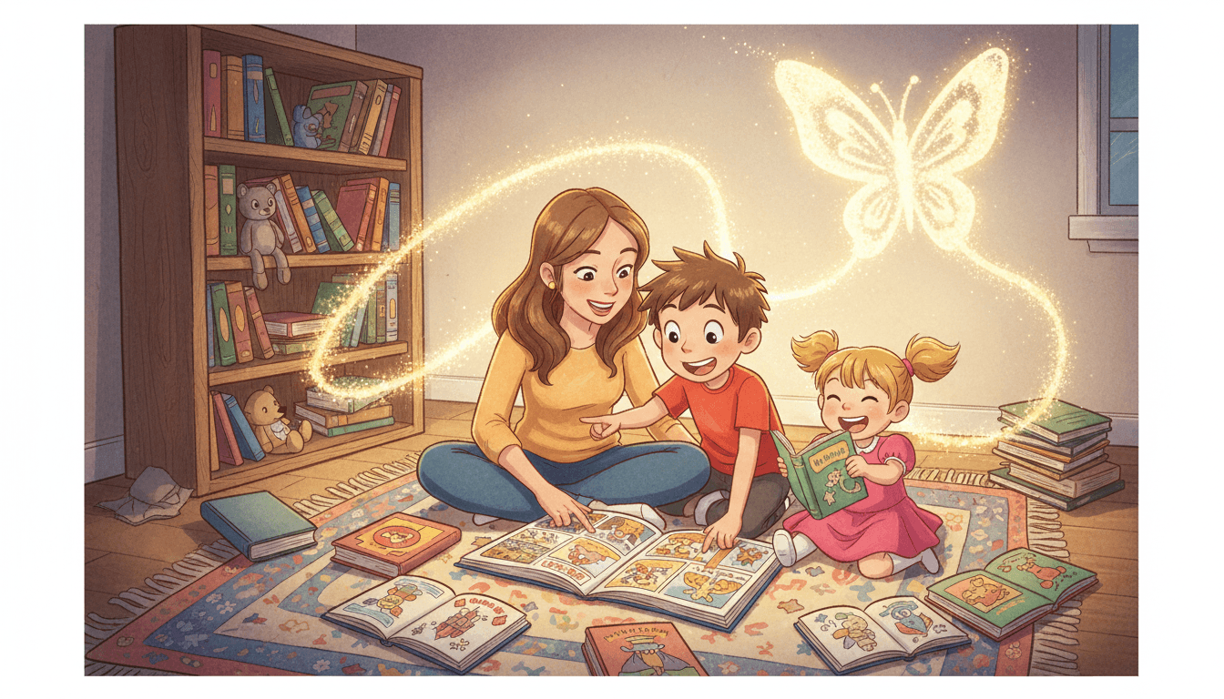 Eine gemütliche Wohnzimmerszene im minimalistischen Stil: Eine Mutter sitzt auf einem Teppich zwischen ihrem Sohn und ihrer kleinen Tochter. Der Sohn zeigt begeistert auf eine bunte Graphic Novel, während das Kleinkind lachend ein Buch verkehrt herum hält. Eine magisch leuchtende, zickzackförmige Spur eines Schmetterlings schwebt um die Familie. Im Hintergrund steht ein Bücherregal, während ein Stapel klassischer Bücher unbeachtet in der Ecke liegt. Warme, einladende Beleuchtung.