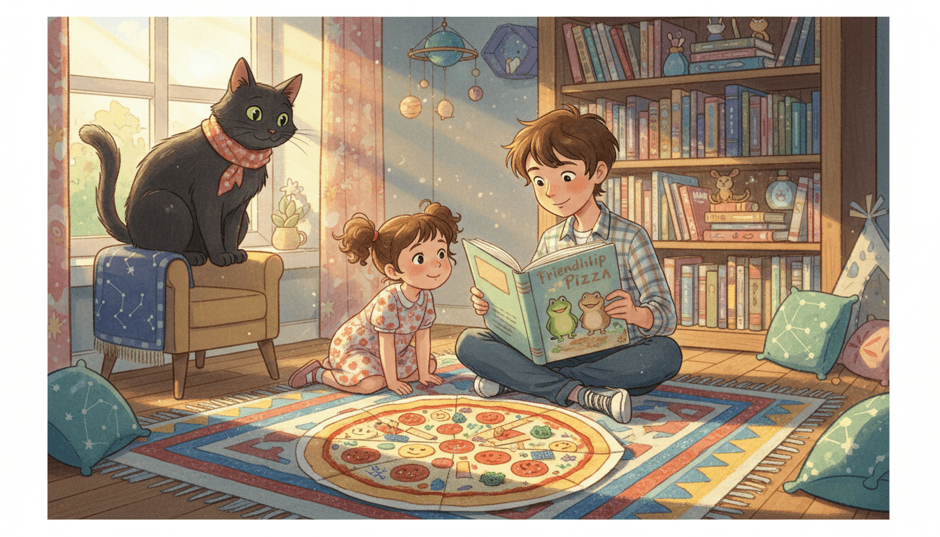 Un bambino di 8 anni e una bambina di 3 anni seduti su un tappeto colorato mentre decorano una grande pizza dell'amicizia fatta di carta. Il bambino mostra un libro con una rana e un rospo alla sorellina, mentre un gatto amichevole ispirato alla Gabbianella osserva da uno scaffale in una stanza accogliente e soleggiata.
