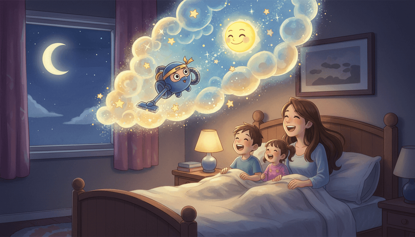Whimsical hand-drawn illustration of a mother and two children snuggled in a dark bedroom, watching a magical story cloud featuring a funny cartoon ninja-vacuum chasing a smiling moon.