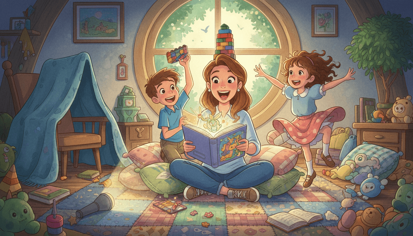 A mother and her two children enjoying a chaotic and joyful story time in a cozy, messy living room. The mother makes an expressive face while reading, an 8-year-old boy balances LEGO bricks on her head, and a 3-year-old girl performs a silly dance nearby. A blanket fort and flashlight add to the playful atmosphere.
