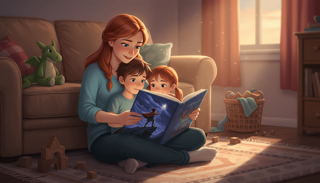 A mother sitting on a living room rug at dusk, embracing her two young children while reading a storybook together in warm, cozy lighting.