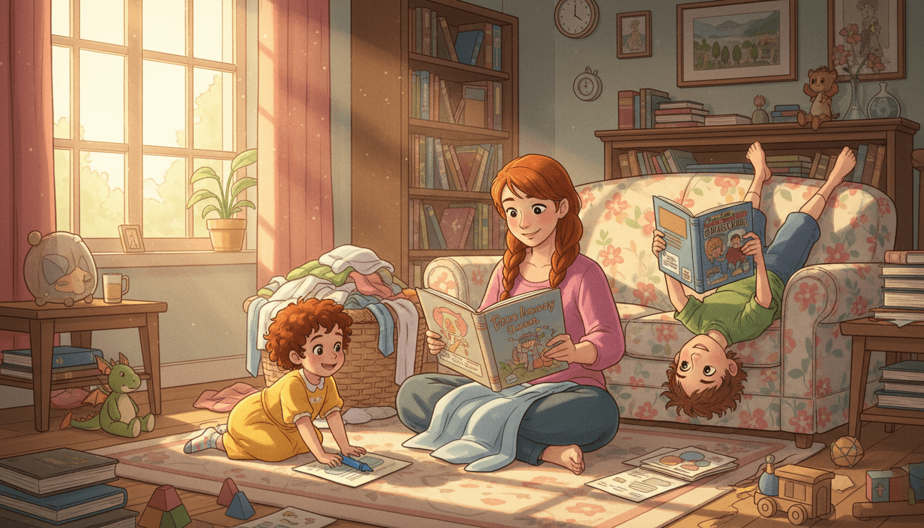 A cozy, chaotic living room with a mother sitting on the floor amidst a laundry pile holding a children's book. A toddler girl plays nearby with a crayon while an 8-year-old boy reads a graphic novel upside down on a sofa, capturing the messy reality of family reading milestones.