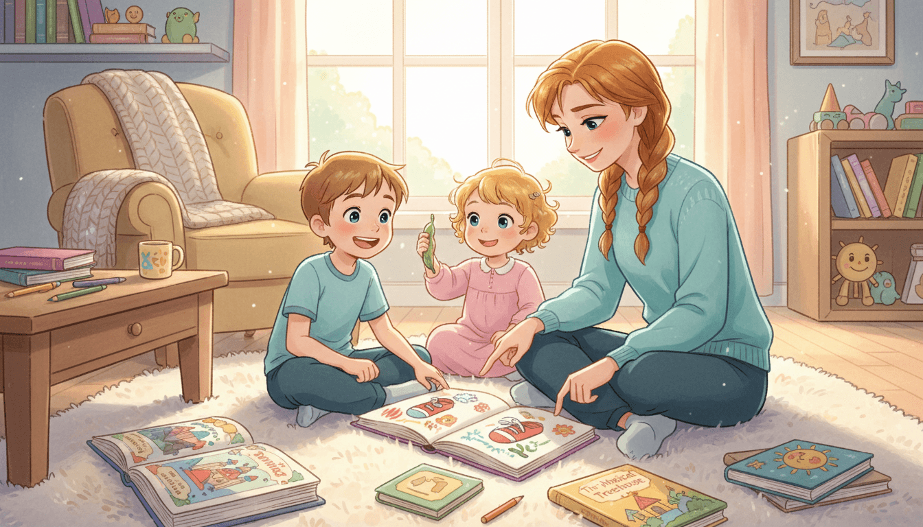 Une mère et ses deux jeunes enfants assis sur un tapis dans un salon ensoleillé, pratiquant la gratitude en dessinant dans un grand carnet coloré. L'ambiance est chaleureuse et joyeuse alors qu'ils apprécient des objets simples comme des chaussures et un haricot vert.