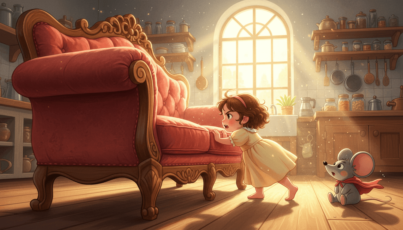 Cinematisk illustration av en beslutsam treårig flicka i ett solbelyst kök som försöker skjuta på en enorm, antik träsoffa. En liten leksaksmus i mantel tittar på i bakgrunden medan det varma, magiska ljuset förstärker kontrasten mellan det lilla barnet och den gigantiska möbeln.