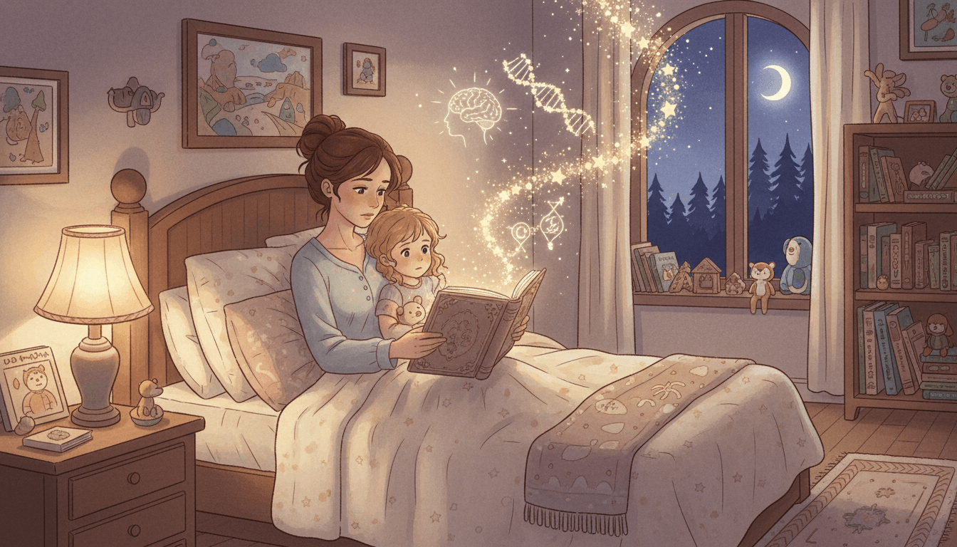 A cozy bedroom at night where a peaceful mother reads a book to her two children under a fluffy duvet, featuring glowing scientific symbols like a DNA helix and brain silhouette floating above the pages to represent sleep biology.