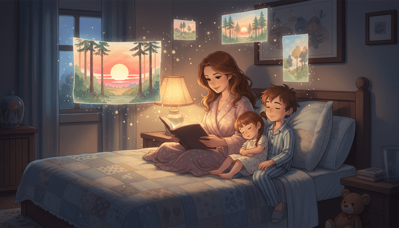 A mother reading a bedtime story to her two children in a dimly lit, cozy bedroom with ethereal watercolor illustrations of a calm pine forest floating above them.