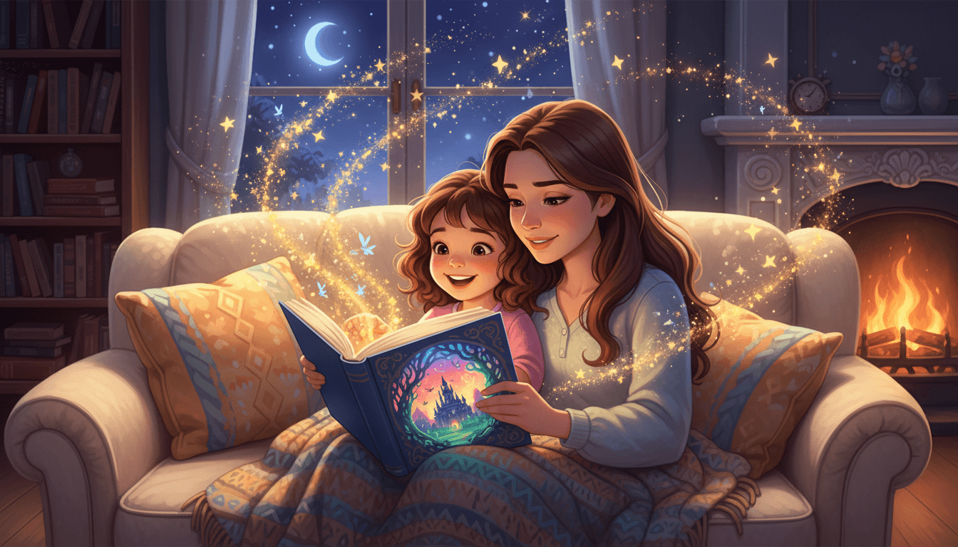 Een gezellige, sfeervolle woonkamer bij nacht waar een moeder en haar 3-jarige dochter onder een dekentje op de bank een magisch prentenboek lezen, terwijl fonkelende sterren en lichtjes uit de pagina's zweven.