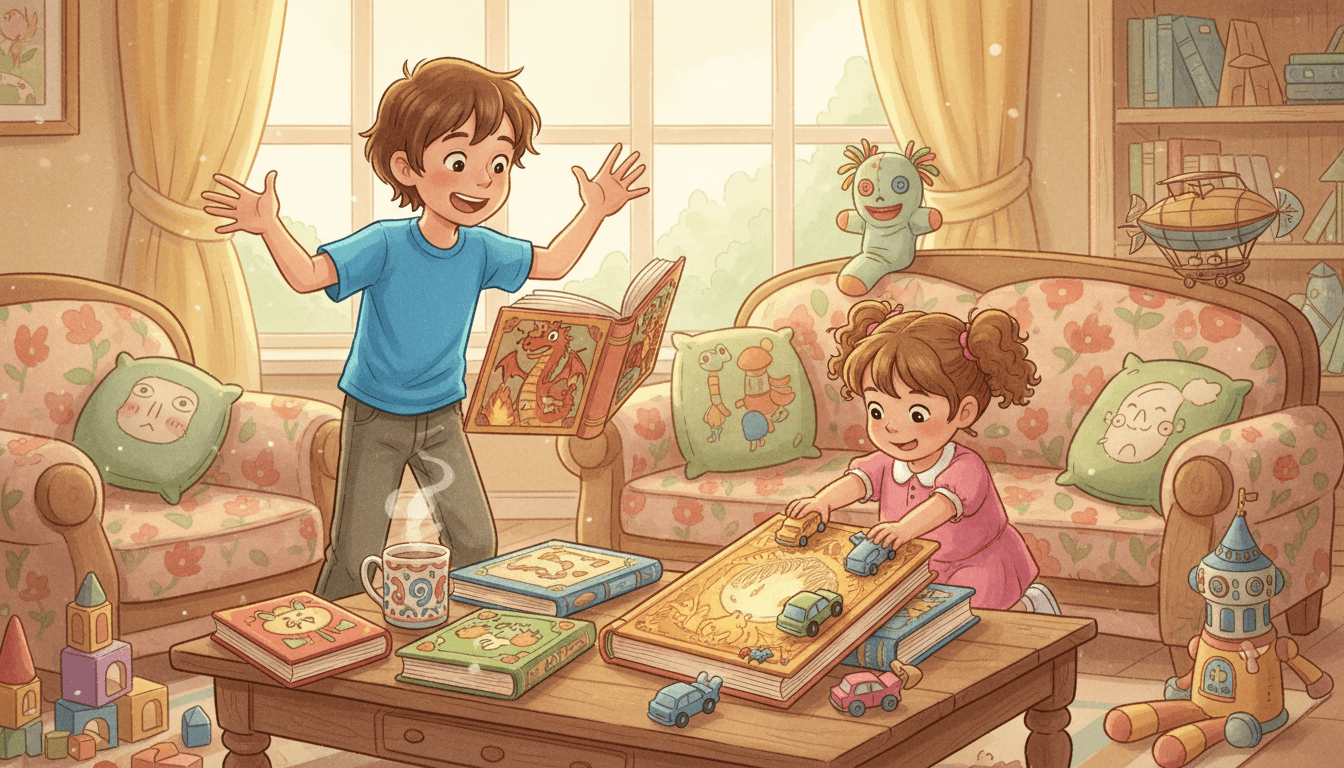 Escena acogedora de una sala de estar con una taza de café humeante y libros infantiles en primer plano, mientras un niño de 8 años habla sobre un libro de dragones y una niña de 3 años usa un libro como rampa para coches de juguete bajo una luz cálida y dorada.