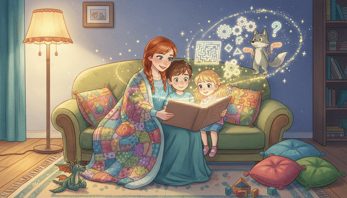 Une mère et ses deux jeunes enfants blottis sous une couverture sur un canapé, lisant un livre de contes magique d'où s'échappent des énigmes holographiques lumineuses et un loup fantastique dans un salon chaleureux la nuit.
