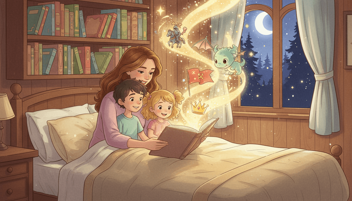 Une scène magique dans une chambre douillette où une mère lit un livre d'histoire lumineux à son fils et sa fille, avec des illustrations éthérées de chevalier, de dragon et de drapeaux flottant au-dessus d'eux.