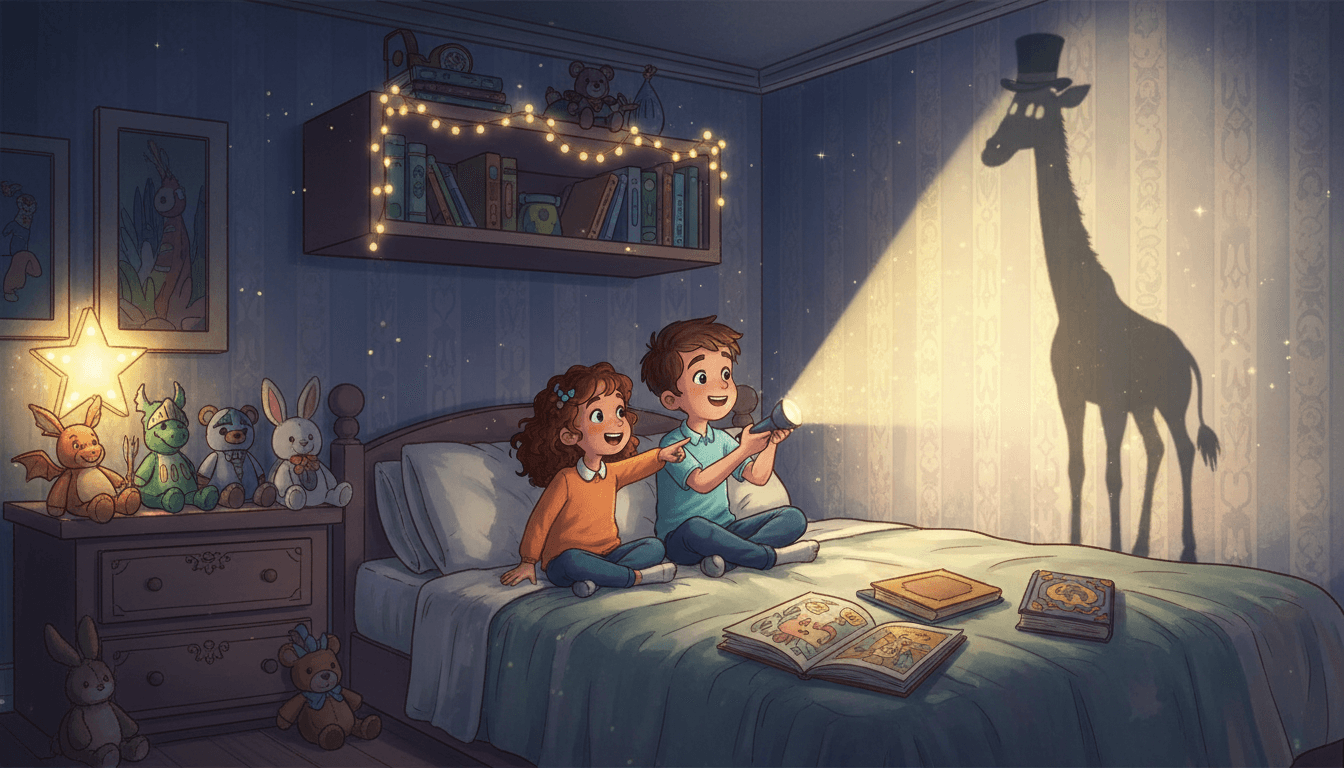 A young girl and her brother sit on a cozy bed in a dim bedroom, using a flashlight to project a funny shadow of a giraffe in a top hat onto the wall, surrounded by plush toys in a warm, magical atmosphere.
