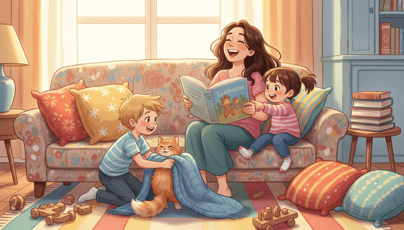 Счастливая мать читает книгу детям на диване в уютной гостиной: сын играет с пушистым котом под пледом, а маленькая дочь увлеченно указывает на картинки.