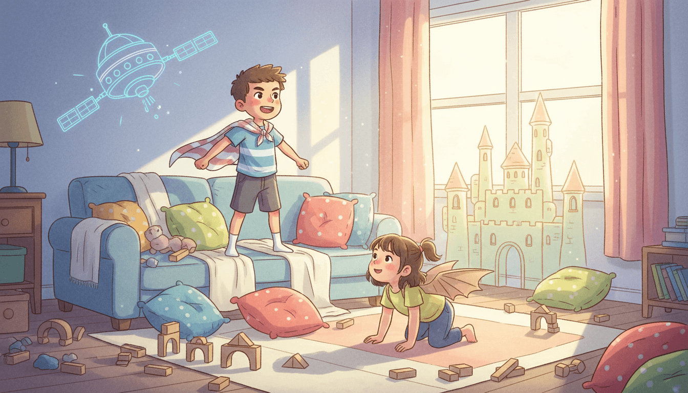 Niño de 8 años con capa de toalla y niña pequeña con alas de cartón jugando en una sala, con siluetas mágicas de un castillo y una estación espacial que ilustran el Efecto Batman y el juego imaginativo.