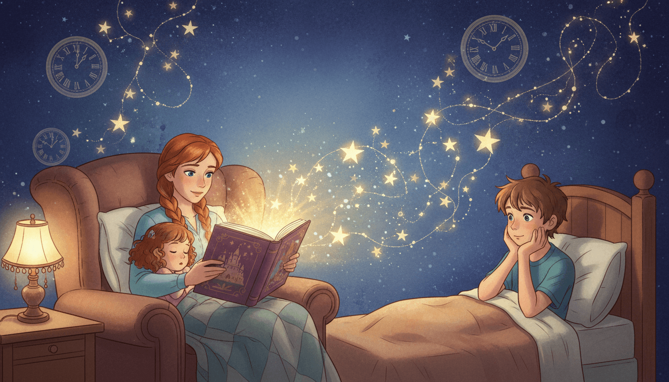 Mãe lendo livro para os dois filhos em um quarto aconchegante com iluminação suave e elementos mágicos de relógios e sinapses ao fundo, simbolizando a ciência do sono.
