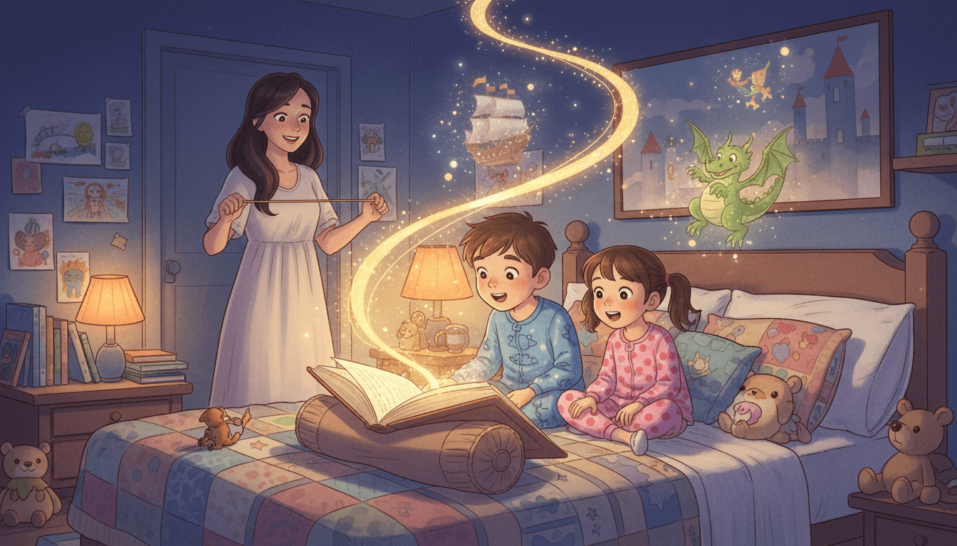 Escena nocturna acogedora de dos niños en pijama mirando con asombro un libro mágico resplandeciente, con hilos dorados de tensión narrativa flotando en el aire y una madre estirando una banda elástica de fondo.
