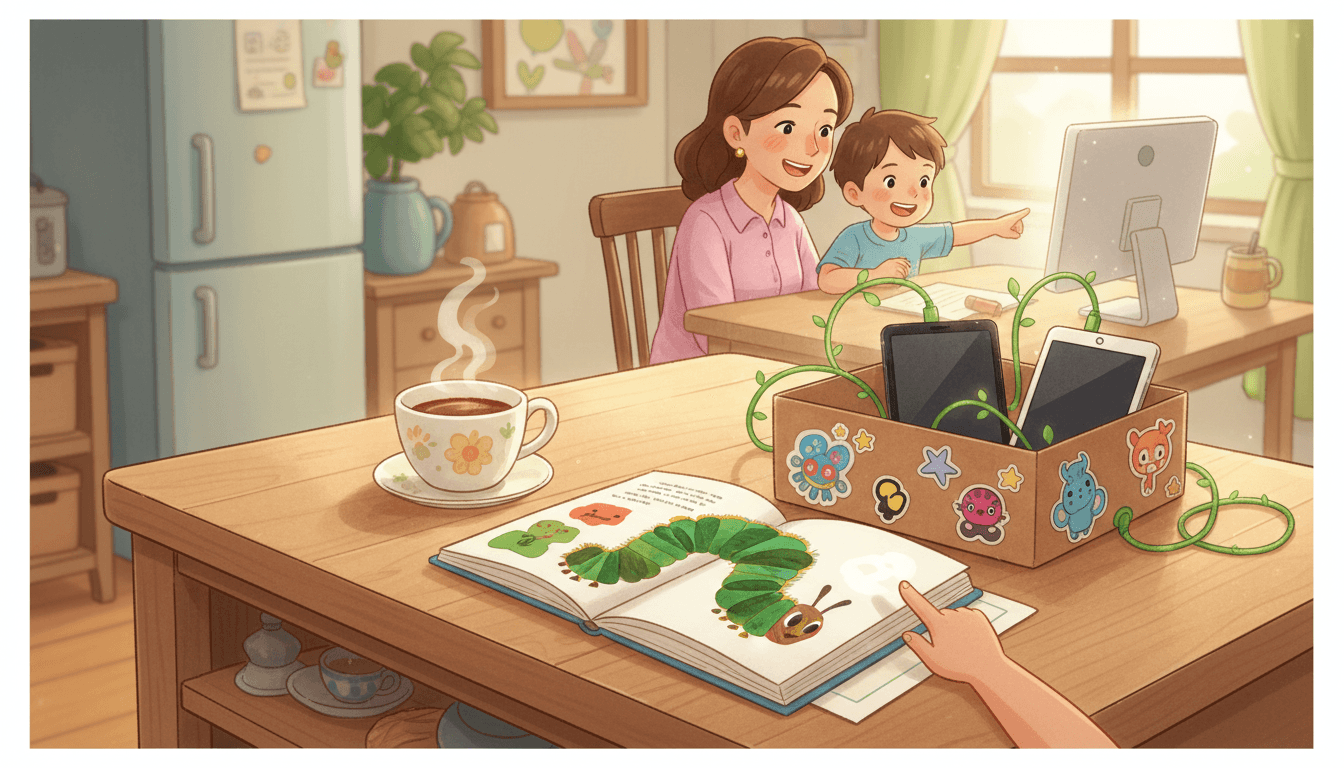 A cozy kitchen scene portraying a digital handshake between old and new media, featuring a child's hand swiping a physical picture book next to a cardboard charging station for devices, while a mother and son bond over a screen in the background.