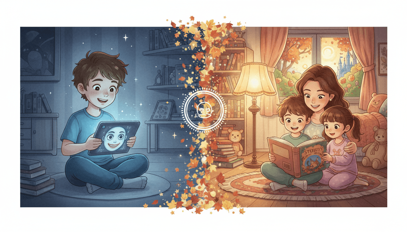 Imagine conceptuală cu ecran divizat: un băiat care privește un chip distorsionat pe o tabletă strălucitoare versus același băiat citind o carte tipărită alături de mama și sora sa sub o lumină caldă, simbolizând tranziția de la lumea digitală la conexiunea umană reală.